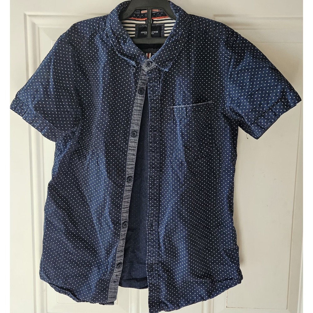 Denim & Flower Ricky Singh Boys Shirt Size 11/12 Blue Polka Dot Button Up Short